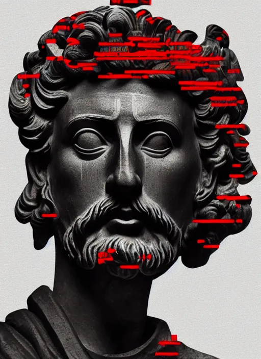 Image similar to design poster showing a statue of marcus aurelius, black background with very subtle red and purple design elements, powerful, nekro, vito acconci, graphic design, collage art, thin lines, dark, glitch art, neo vaporwave, gritty, layout frame, square, trending on artstation