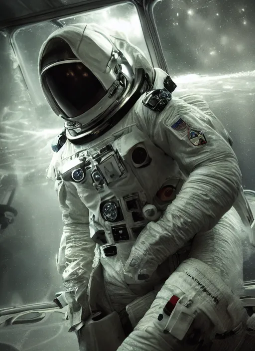 Image similar to concept art by craig mullins astronaut in futuristic dark and empty spaceship underwater. infrared glowing lights. complex and hyperdetailed technical suit. reflection and dispersion materials. rays and dispersion of light. volumetric light. 5 0 mm, f / 3 2. noise film photo. flash photography. unreal engine 4, octane render. interstellar movie art