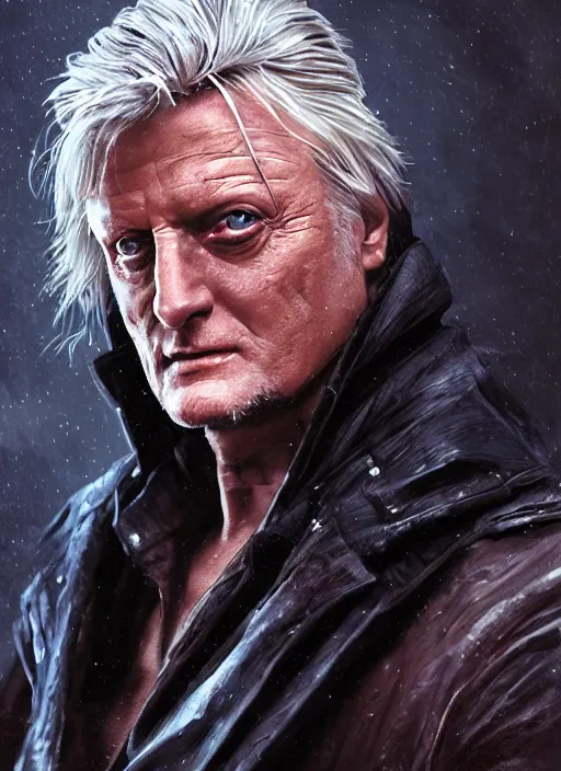 Image similar to A fantasy comic book style portrait painting of Rutger Hauer as a vampire hunter in a atmospheric dark fortress, unreal 5, DAZ, hyperrealistic, octane render, RPG portrait, ambient light, dynamic lighting