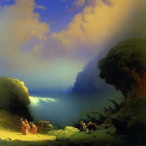 Image similar to painting of a lush natural scene on an alien planet by ivan aivazovsky. beautiful landscape. weird vegetation. cliffs and water.