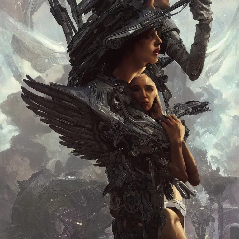 Image similar to scifi character portrait Painting of a stunning attractive heroine as a futuristic archangel character, dystopian mood, intricate, wild, highly detailed, digital painting, artstation, concept art, smooth, sharp focus, illustration, art by artgerm and greg rutkowski, and alphonse mucha