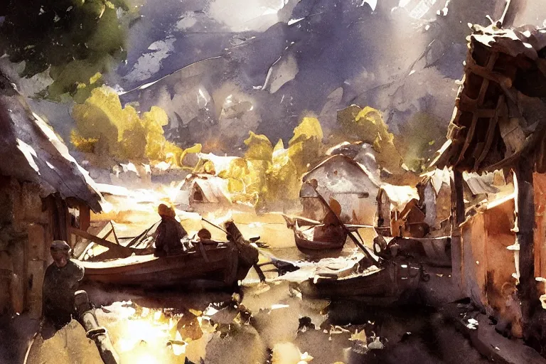 Prompt: paint brush strokes, abstract watercolor painting of rustic village at midday, viking age, ambient lighting, art by hans dahl, by jesper ejsing, art by anders zorn, wonderful masterpiece by greg rutkowski, cinematic light, american romanticism by greg manchess, creation by tyler edlin