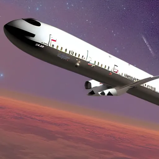 Prompt: a rocket ship mixed with boeing 7 7 7 in outer space heading to mars