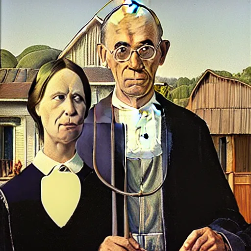 Prompt: the pope and satan in the style of american gothic