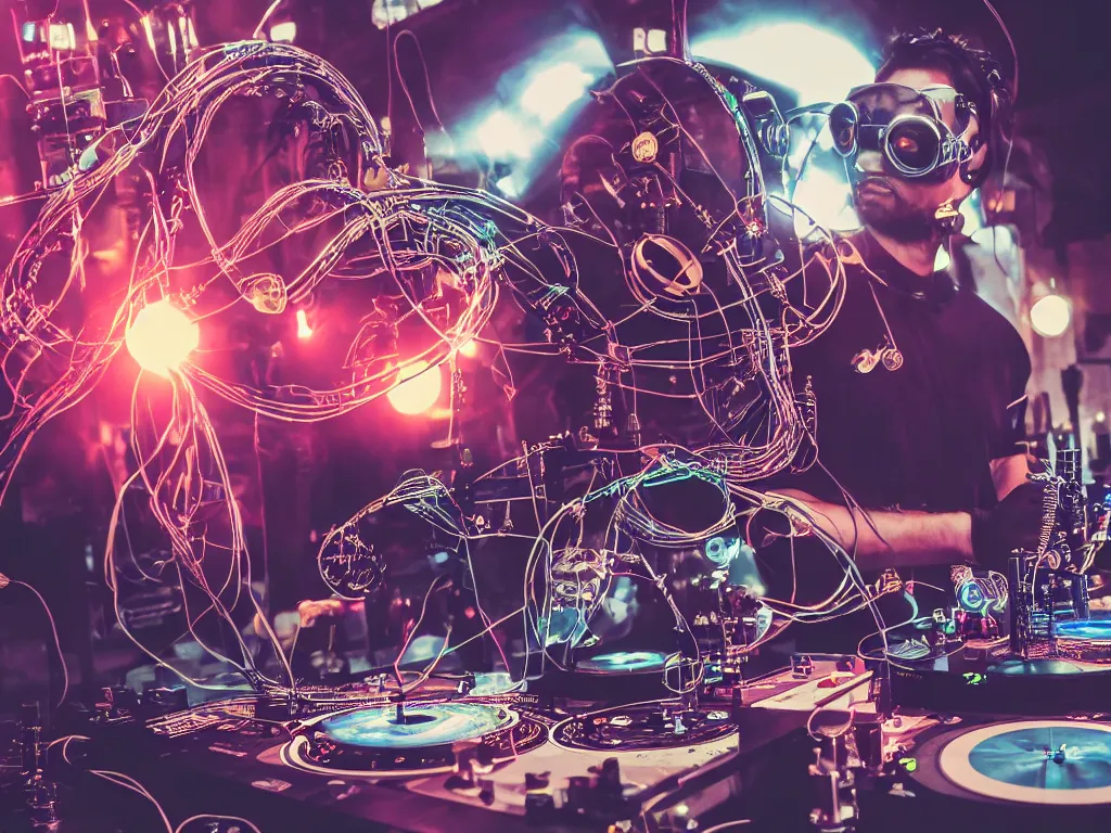 Image similar to a person wearing goggles and visor and headphones using a steampunk record player contraption, wires and tubes, turntablism dj scratching, intricate planetary gears, cinematic, imax, sharp focus, leds, bokeh, iridescent, black light, fog machine, hazy, lasers, hyper color digital art, cyberpunk