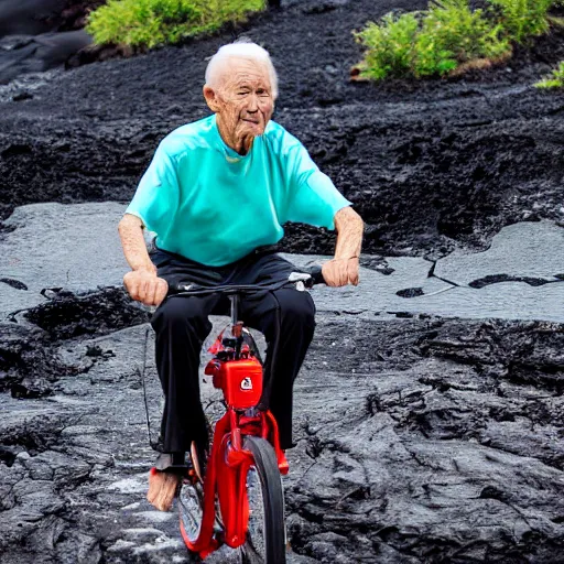 Image similar to elderly man on an aqua bike in a lava flow, volcano, eruption, magma, lava, canon eos r 3, f / 1. 4, iso 2 0 0, 1 / 1 6 0 s, 8 k, raw, unedited, symmetrical balance, wide angle