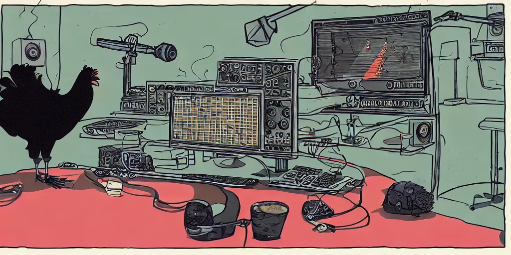 Image similar to 'black chicken'!!! smoking 'cannabis'!!!!!! in front of 'audio console'!!!! and 'multi monitors'!!!! 'in a hi-tech tv broadcasting studio'!!!!, artwork by James Gilleard