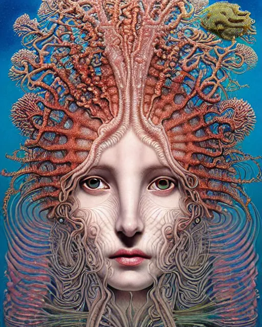 Prompt: realistic detailed underwater face portrait of the beutiful young goddess of the fractal waters with an intricate headdress of corals, sea kelp, sea plants, fish, jellyfish, art by ernst haeckel, zdzisław beksinski, h. r. giger, hieronymus bosch, gothic, neo - gothic, ornamental, beautiful deep colours,