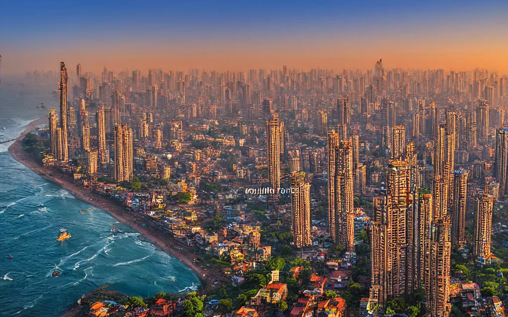 Image similar to mumbai, india in the year 2 0 7 0, street view, coastline, golden hour