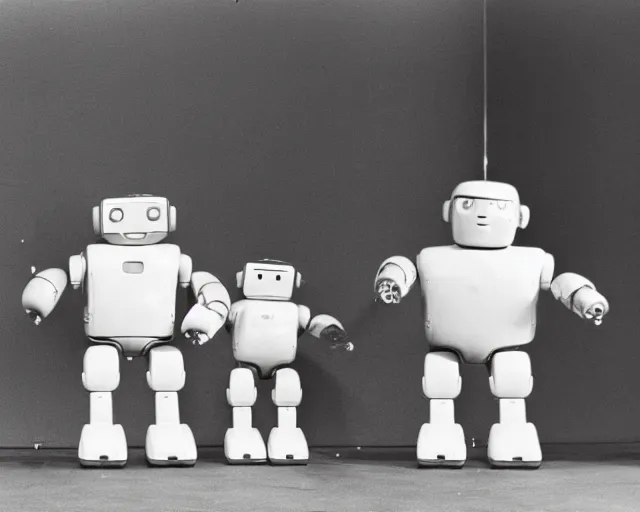 Image similar to middle shot, male and female robots are in love with each other pose for a photo, circa 1 9 8 4