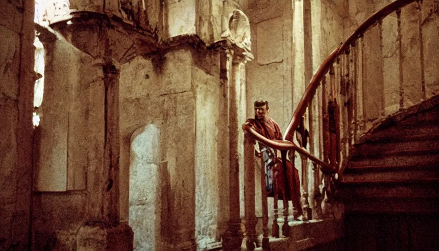 Image similar to movie still by tarkovsky of caligula poniard to death by senators on ancient stairs blood flowing, cinestill 8 0 0 t 3 5 mm, high quality, heavy grain, high detail, dramatic light, ultra wide lens, anamorphic