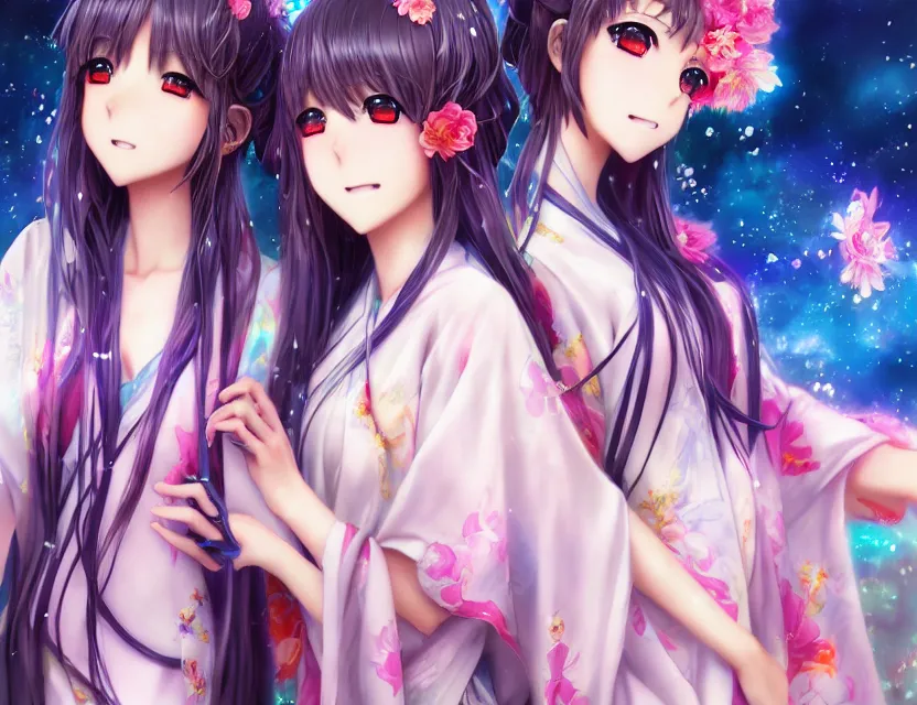 Image similar to two beautiful anime girls wear fantasy kimono in festival | | sunny night, full moon, dreamlike art, realistic shaded, smile, good looking, hyper details, 4 k realistic, cryengine, realistic shaded lighting poster by artgerm, ross tran, fuji choko, 8 k resolution, trending on artstation, luxury