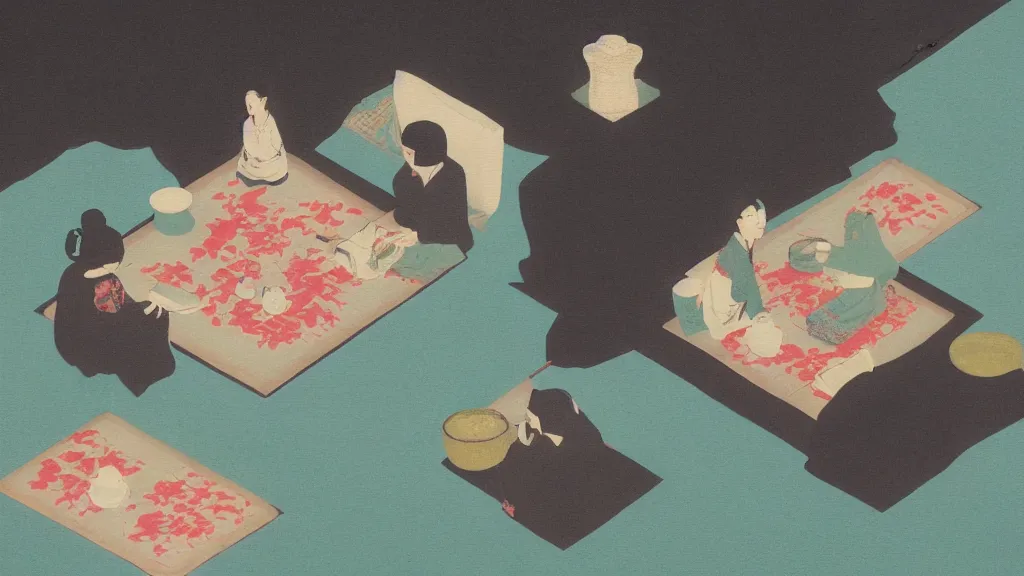 Image similar to a small tea ceremony, japan, a collage painting, in the style of wes anderson, lola dupre, david hockney, isolated on negative white space background dark monochrome neon spraypaint accents volumetric octane render