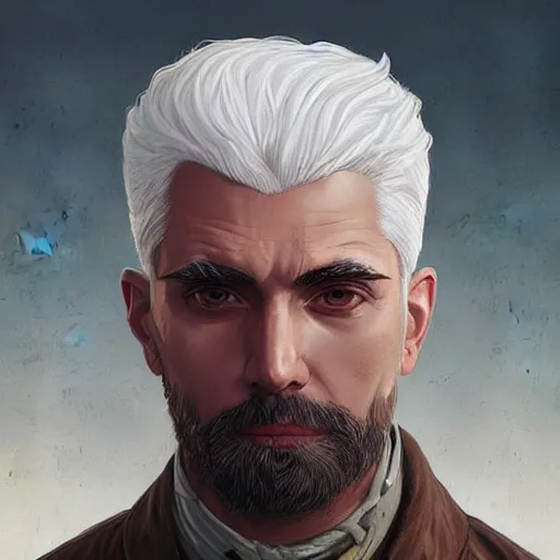 Prompt: man with white hair profile, dark circles, tired, unreal engine, intricate, highly detailed, digital art, digital paiting, overcoat art by JC Leyendecker and sachin teng