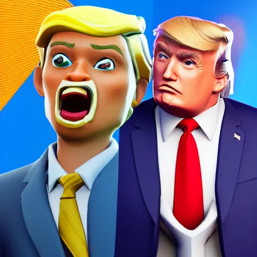 Prompt: donald trump fortnite skin smiling, presidential fortnite skin, sunny, detailed, unreal engine 4, trending on artstation, epic games fortnite trailer, detailed face