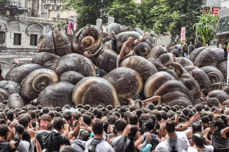 Prompt: a city invaded by giant snails, huge snails, people running in fear, chaos, screaming