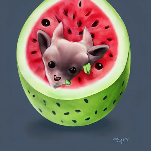 Prompt: cute kawaii realistic fruit bat eats a watermelon piece, digital art, high quality, illustration, art, detailed, 3 d render, by sydney hanson, sticker,