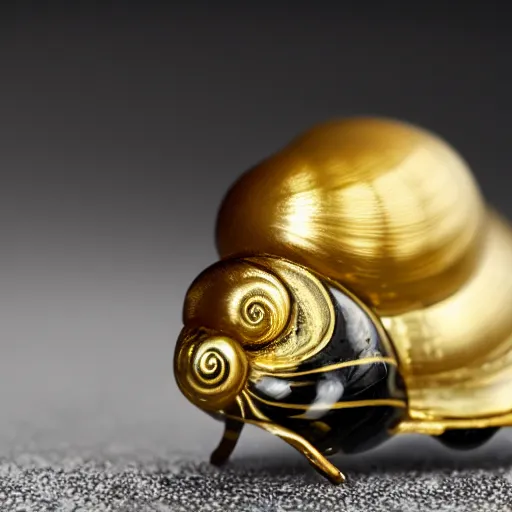 Image similar to a golden faberge snail on a black marble glossy pedestal