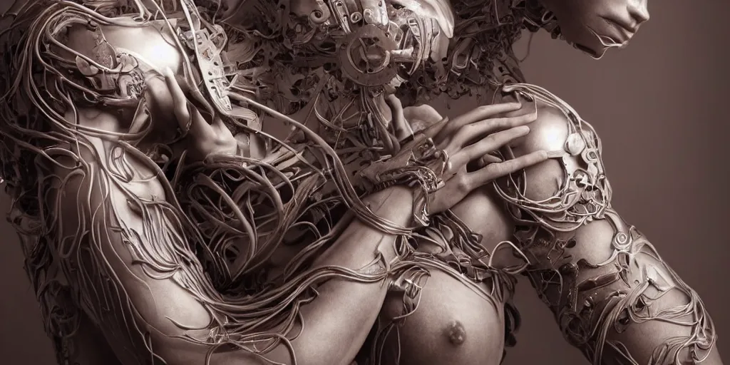 Image similar to hyper realistic photography of a stunningly beautiful cyborg female, plated arm, intimate, chest, holding close, ribbons, in the style of beth cavener, jin kagetsu,, and wlop, highly detailed, intricate filigree, symmetry, masterpiece, award winning, sharp focus, concept art, highkey lighting, ambient lighting, octane render, 8 k, artstation