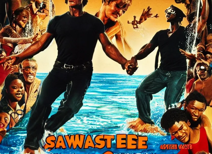Prompt: Patrick Swayze, Ghanaian movie poster, romantic comedy, waterslide, Ninjas, highly detailed, HD, realism