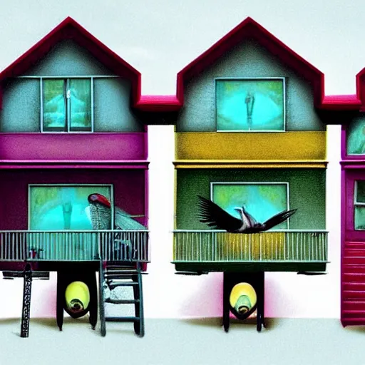 Image similar to anamorphic birds walking past a house, lowbrow surrealistic, in the style of Mark Ryden,