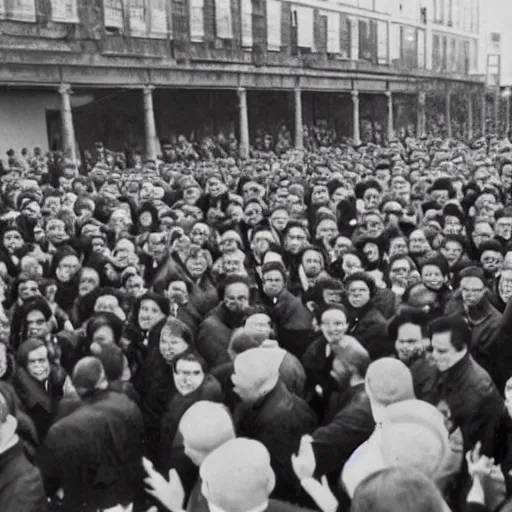 Image similar to an old black and white photo of a man with distorted facial features and a abnormally long body gives a political speech to a huge group of people who all have no eyes and twisted smiles,