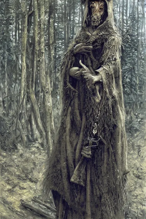 Prompt: slavic dog head man, woolen torso in medieval clothes, hiding in the forest, orthodox saint christopher, art by luis royo, oil painting, painting by viktor vasnetsov, concept art, hyperrealism, beautiful, high resolution, trending on artstation,