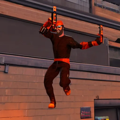 Prompt: gordon freeman jumping across rooftops crowbar in his hand