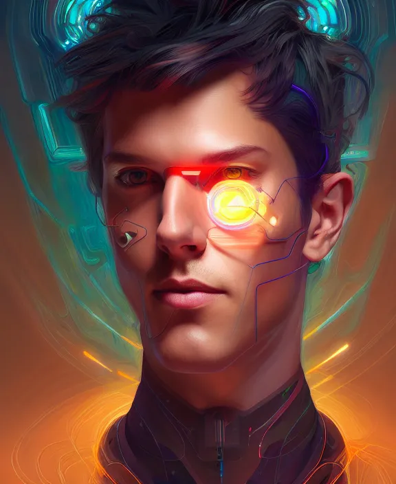 Image similar to a whirlwind inside the metaverse, guy, male, man, hologram, half body, neurochip, android, cyborg, cyberpunk face, by loish, d & d, fantasy, intricate, elegant, highly detailed, colorful, digital painting, artstation, concept art, art by artgerm and greg rutkowski and alphonse mucha