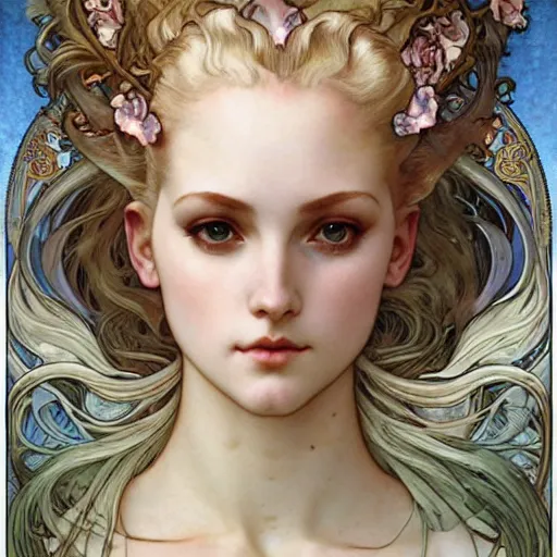 Prompt: realistic detailed face portrait of Ocean Goddess Marie Antoinette by Alphonse Mucha, Ayami Kojima, Amano, Charlie Bowater, Karol Bak, Greg Hildebrandt, Jean Delville, and Mark Brooks, Art Nouveau, Neo-Gothic, gothic, rich deep moody colors