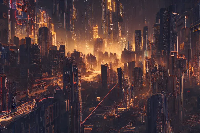Prompt: hyperrealistic depiction of a complex city where the connections are seen as streaks of intense light, ultradetailed, polished, intricate, cyberpunk style, 8 k, octane render, matte painting