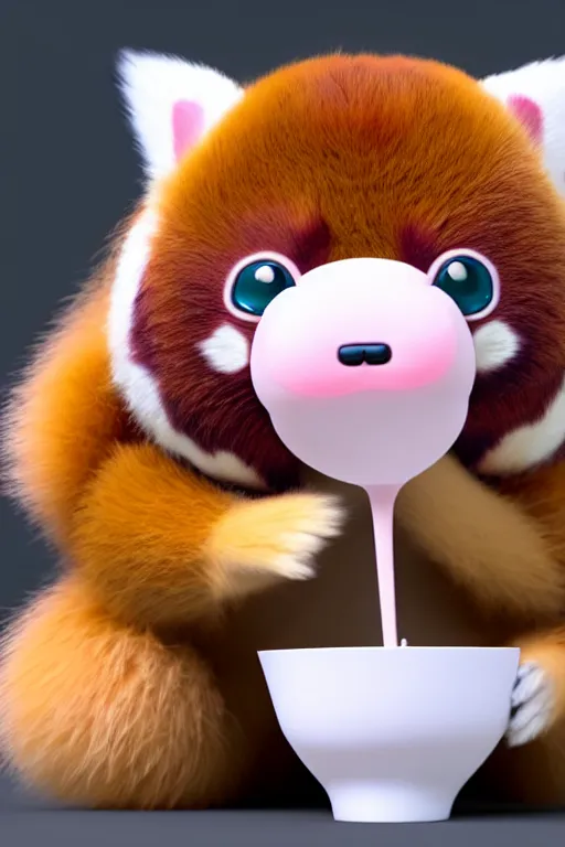 Image similar to high quality 3 d render hyperrealist very cute pastel fluffy! red panda & tarsier hybrid eating giant ice cream full body, very smooth, in the style of detective pikachu, charlie immer, very dramatic light, low angle, uhd 8 k, shallow depth or field