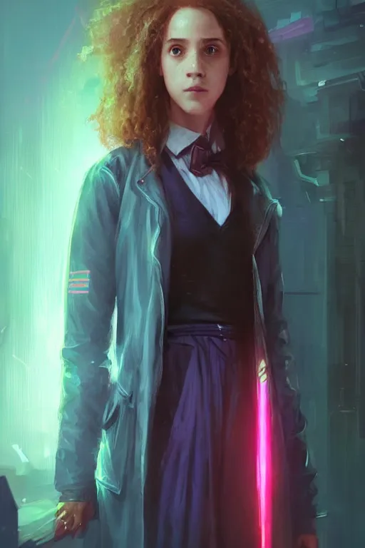 Image similar to portrait of Hermione Granger in cyberpunk, neon lighting, digital art from artstation by Ruan Jia and Mandy Jurgens and Artgerm and william-adolphe bouguereau and Greg Rutkowski and Wayne Barlowe