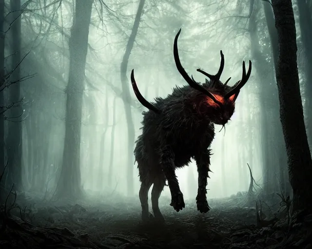 Prompt: 5 5 mm portrait photo of an armored demonic cat with antlers, in a magical forest. dark atmosphere. art by greg rutkowski. highly detailed 8 k. intricate. lifelike. soft light. nikon d 8 5 0.