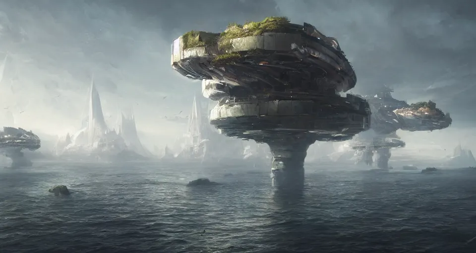 Image similar to The Futuristic Floating Islands by Greg Rutkowski, inspired by Stephan Martiniere and Bjarke Ingels, fantasy, digital art, professional illustration, realistic, ultra detailed, atmospheric, cinematic lighting, movie concept art, hyper detailed, insanely detailed, corona render, octane render, colorful redshift render, 8k