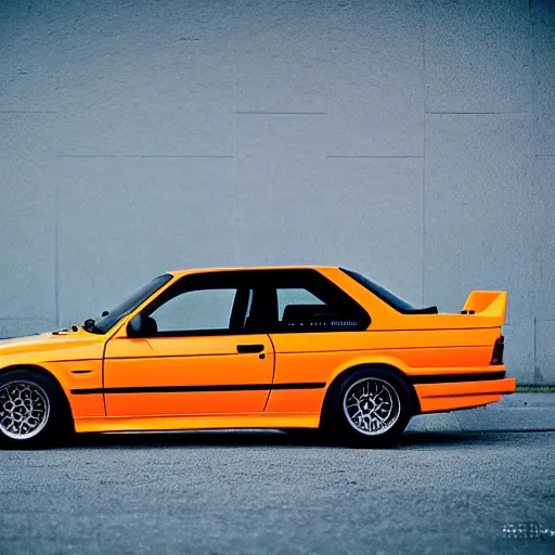 Image similar to orange bmw e 3 0 m 3 floating in space