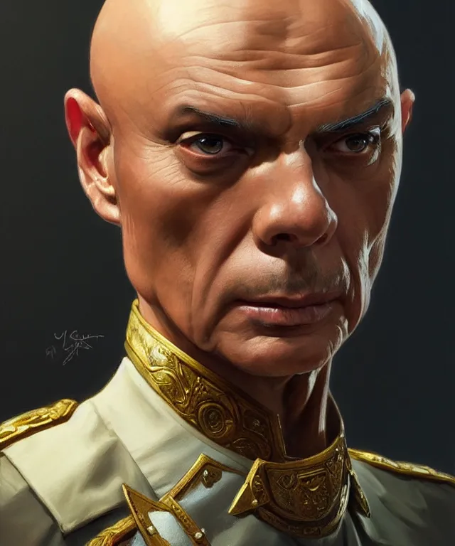Prompt: Yul Brynner as a very angry bald general, portrait, intricate, elegant, highly detailed, digital painting, artstation, concept art, smooth, sharp focus, illustration, art by artgerm and greg rutkowski and alphonse mucha