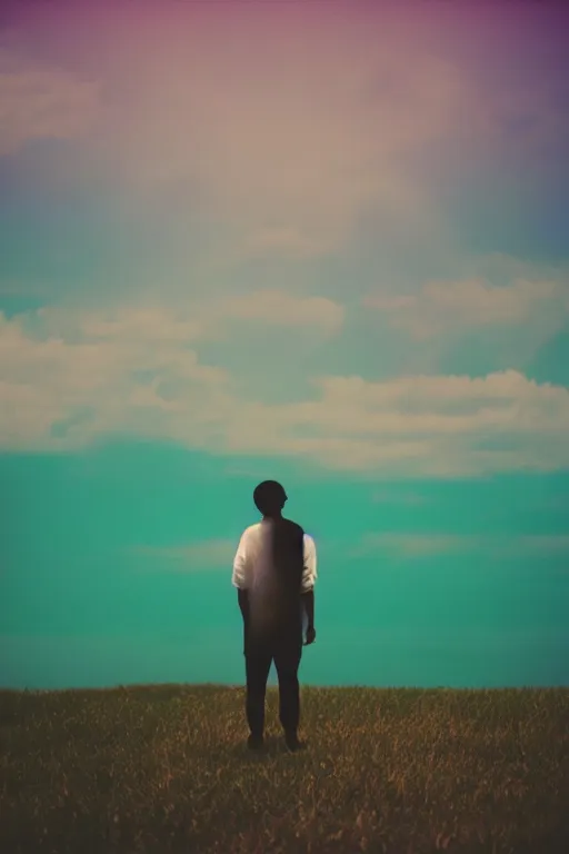 Image similar to agfa vista 4 0 0 photograph of a guy floating in the clouds, back view, synth vibe, vaporwave colors, lens flare, moody lighting, moody vibe, telephoto, 9 0 s vibe, blurry background, grain, tranquil, calm, faded!,