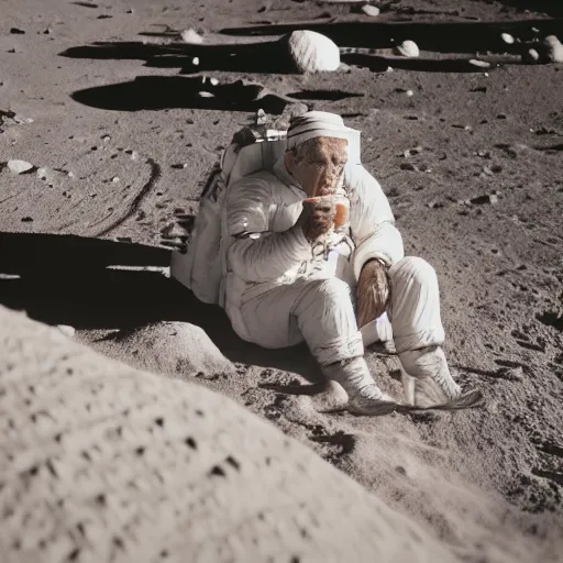 Image similar to an elderly man on the surface of the moon, 🌕, 🍦, eating ice cream, tourist, canon eos r 3, f / 1. 4, iso 2 0 0, 1 / 1 6 0 s, 8 k, raw, unedited, symmetrical balance, wide angle