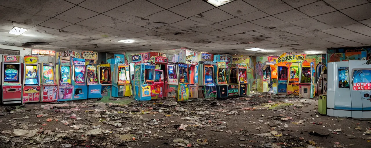 Prompt: An abandoned 80's arcade, XF IQ4, 150MP, 50mm, F1.4, ISO 200, 1/160s, natural light