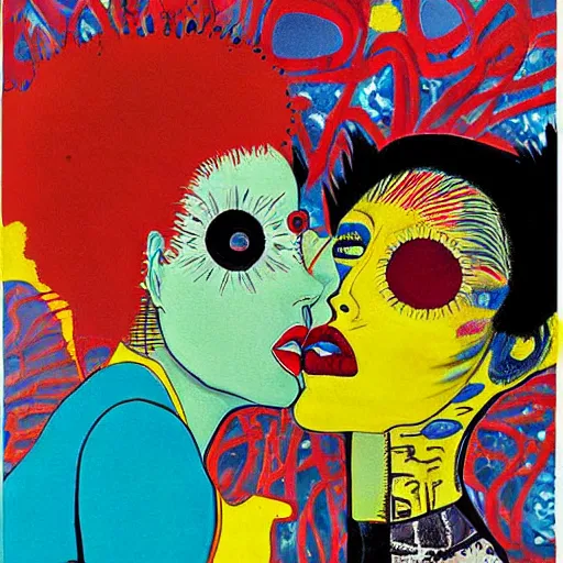 Image similar to beautiful painting of two bizarre psychedelic women kissing each other closeup in tokyo in summertime, speculative evolution, mixed media collage by basquiat and junji ito, magazine collage art, paper collage art, sapphic art, lesbian art