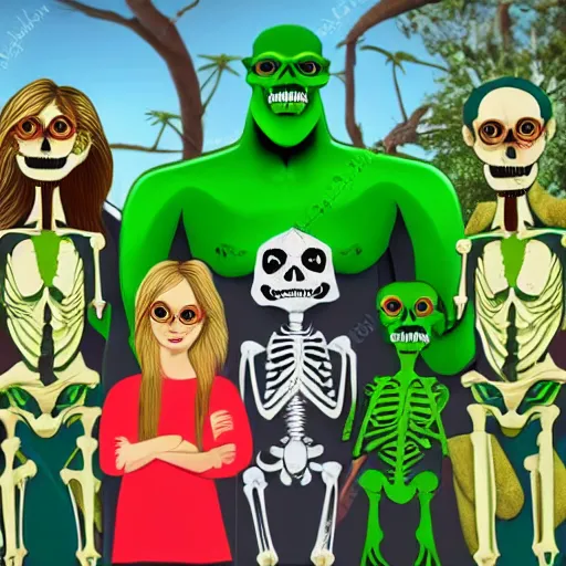 Image similar to A family portrait at the zoo of a sasquatch, a human lizard, a green alien and a skeleton, photorealistic style