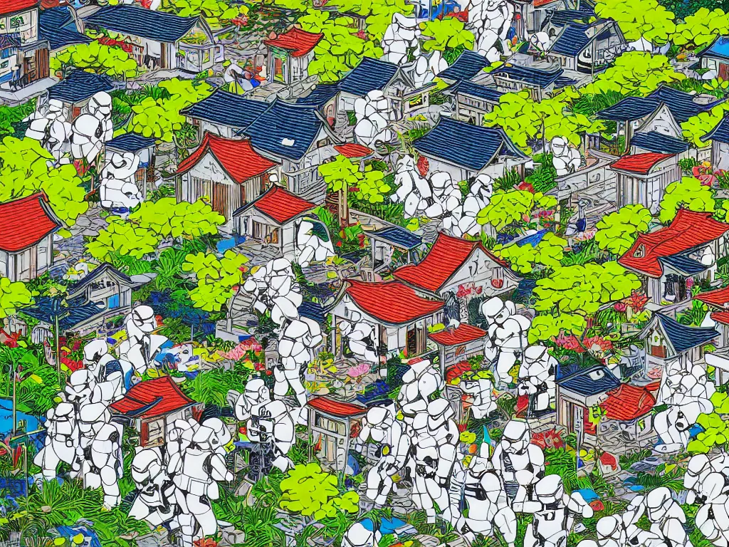 Image similar to super - detailed close - up image of one japanese house with a garden, pond, five stormtroopers sitting around it, in style of pop - art, andy warho style, roy lichtenstein style, jackie tsa stylei, bright palette, acrylic on canvas