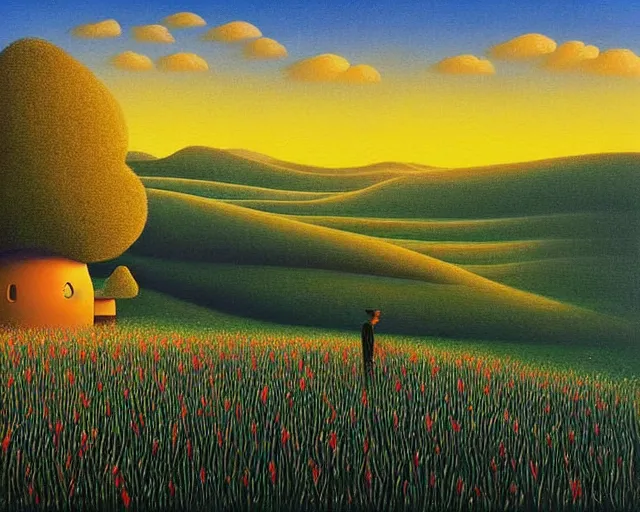 Image similar to a painting of an unimaginably beautiful landscape at golden hour, an ultrafine detailed painting by rafal olbinski, behance contest winner, pop surrealism, detailed painting, very detailed, minimalist, skeuomorphic, airbrush art