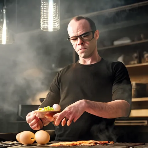 Prompt: a portrait of agent smith from the matrix making breakfast in the kitchen cooking an egg on a frying pan with bacon, dynamic lighting, studio lighting, 8k, award winning photo