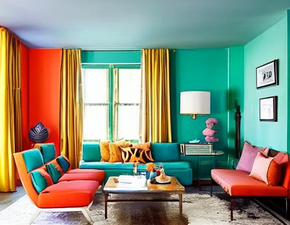 Prompt: apartment designed by nate berkus, retro 7 0 s colors