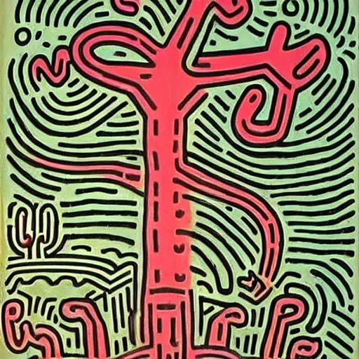 Image similar to smoky angelic otherworldly London line burbot machinery harbor teak tree , by Keith Haring and Evard Munch and Wendy Froud , groovy , smooth , tarot card