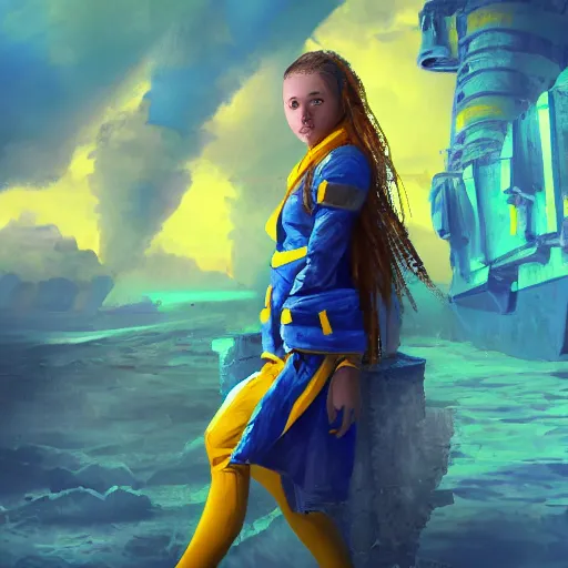 Image similar to ukrainian girl with blue and yellow clothes near big ruined warship, concept art, trending on artstation, highly detailed, intricate, sharp focus, digital art, 8 k