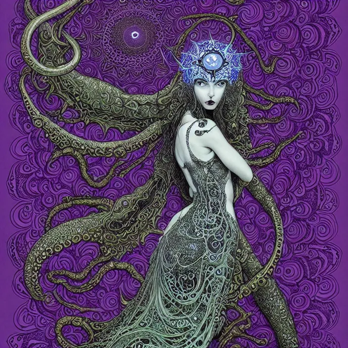 Image similar to depicting a highly detailed beautiful lovecraftian female priestess, in the style of joe fenton, dynamic energetic pose, exuberant organic elegant forms, perfect face, pale skin, by dan hillier : : 1. 4 purple, red, blue, green, black intricate mandala explosions : : intuit art : : turbulent water backdrop : : damask wallpaper : : atmospheric