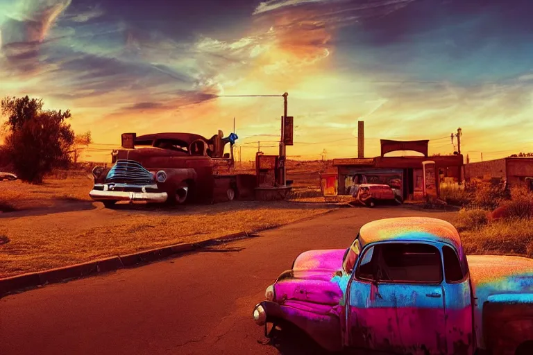 Image similar to a sunset light landscape with historical route 6 6, lots of sparkling details and sun ray ’ s, blinding backlight, smoke, volumetric lighting, colorful, octane, 3 5 mm, abandoned gas station, old rusty pickup - truck, beautiful epic colored reflections, very colorful heavenly, softlight